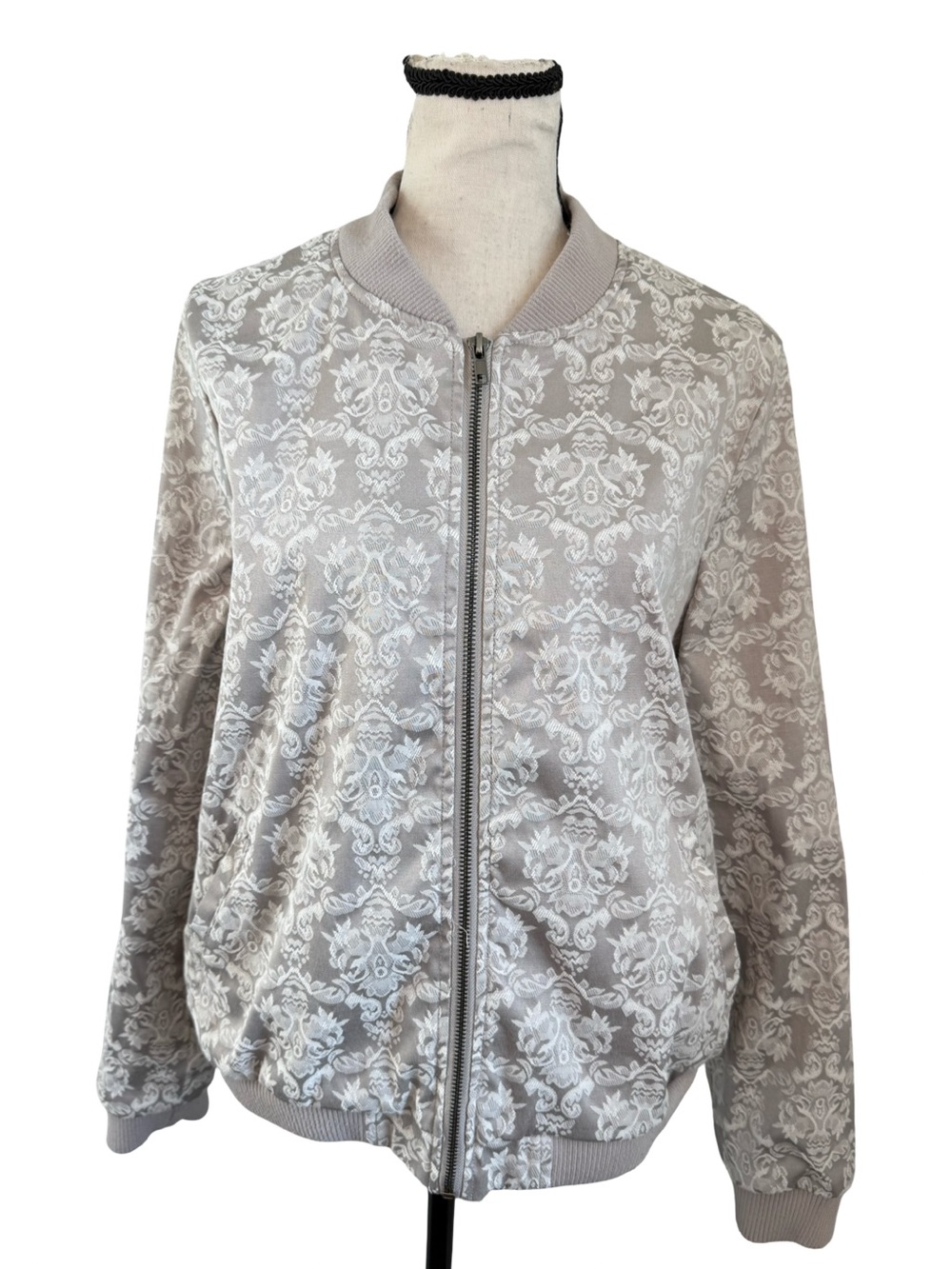 Cotton On Floral Lace Bomber Jacket Zip Front Jacquard Gray White Large